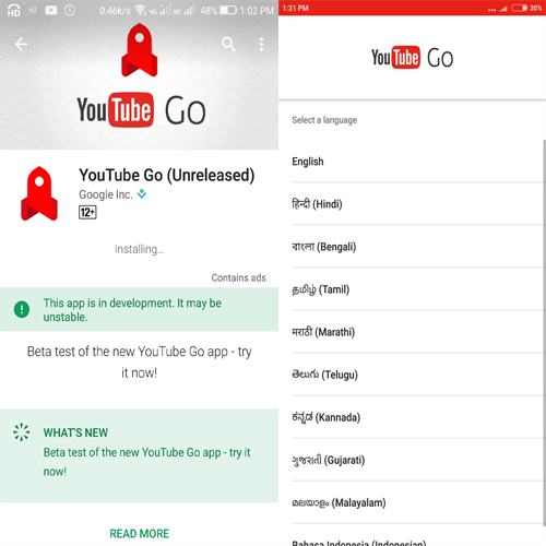 YouTube Go Installation Page